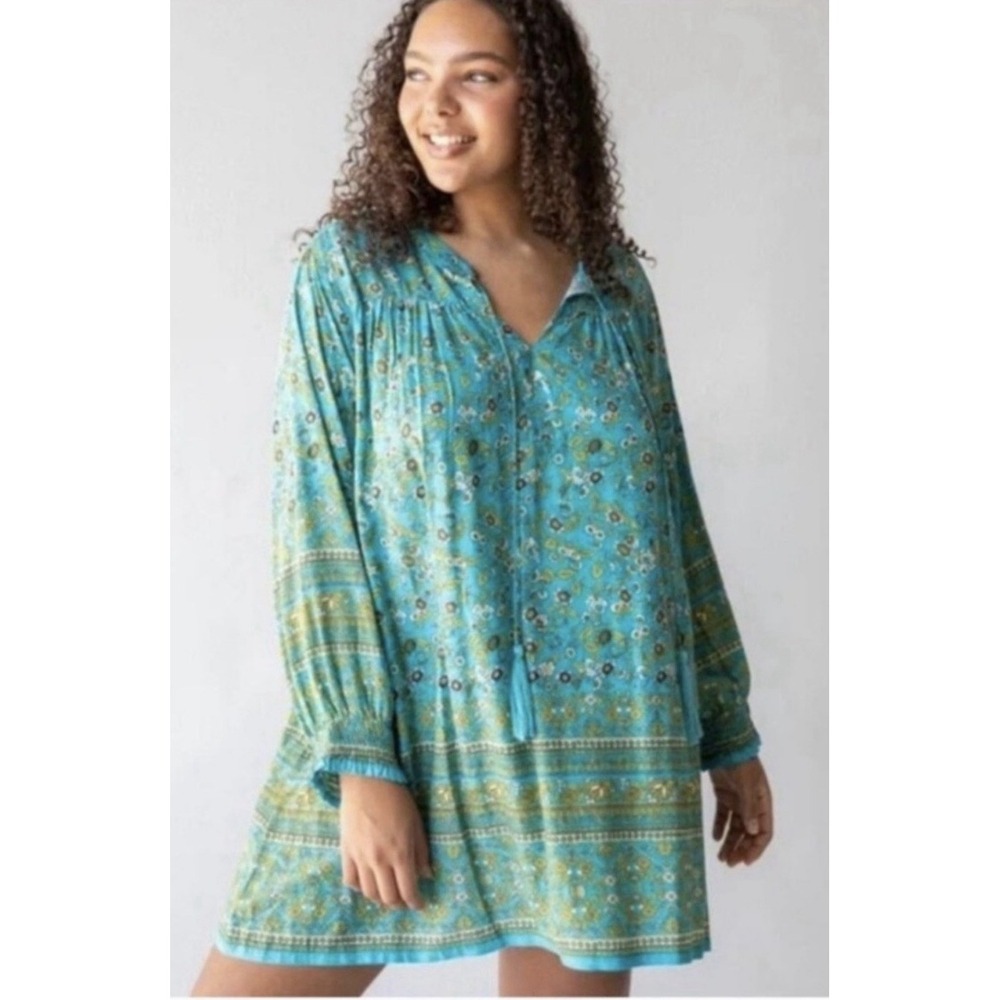 Natural Life Dara‎ Dress Small Turquoise Floral Boho Peasant Tunic Rayon Mini